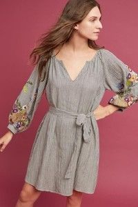 Feather Bone Anthropologie Cotton XS Tunic Dress Embroidered Floral Boho READ